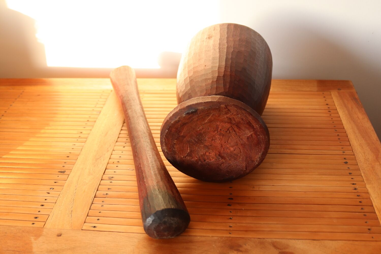 Antique brutalist solid wood mortar