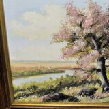 Landscape painting of flowering trees, Huguette Eichwald