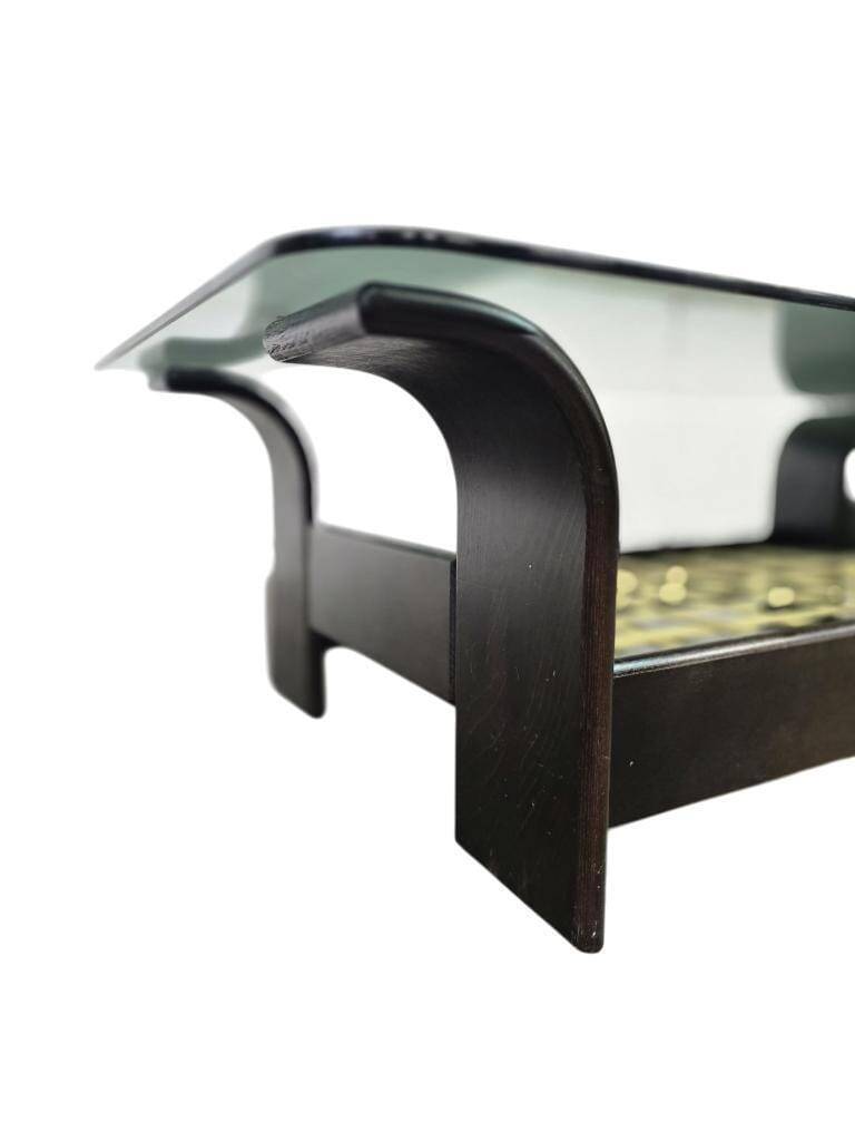 Vintage glass coffee table with dark wood frame