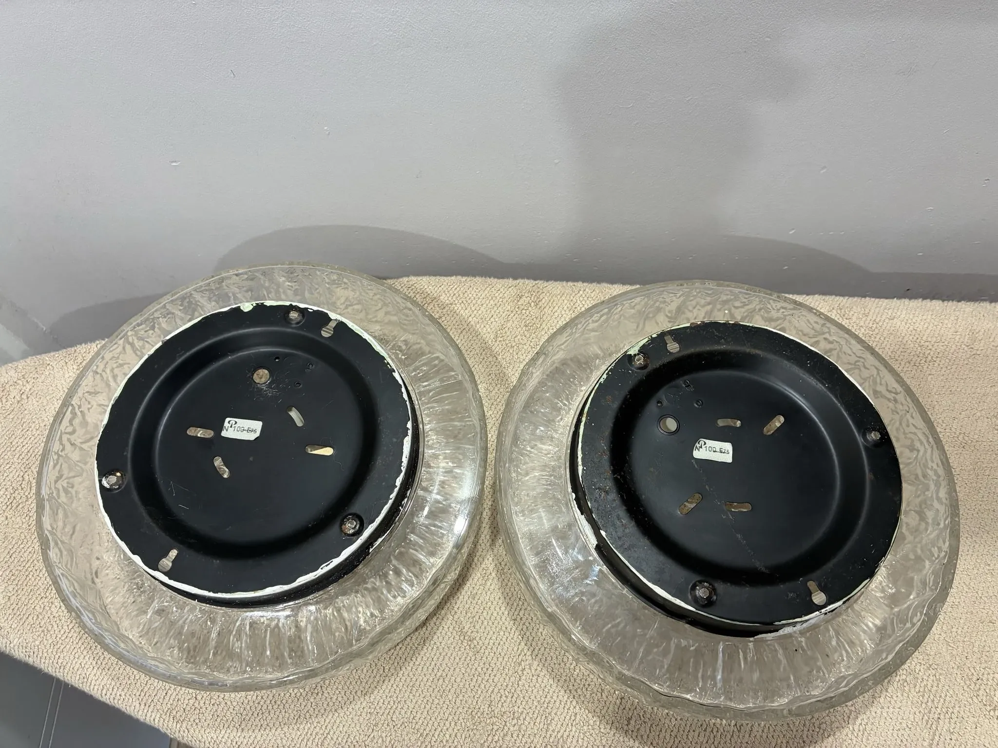 Pair of Peil & Putzler ice glass flush mount lights, 1960s