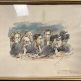 Watercolor drawing representing the magistrates of a trial dated October 1986