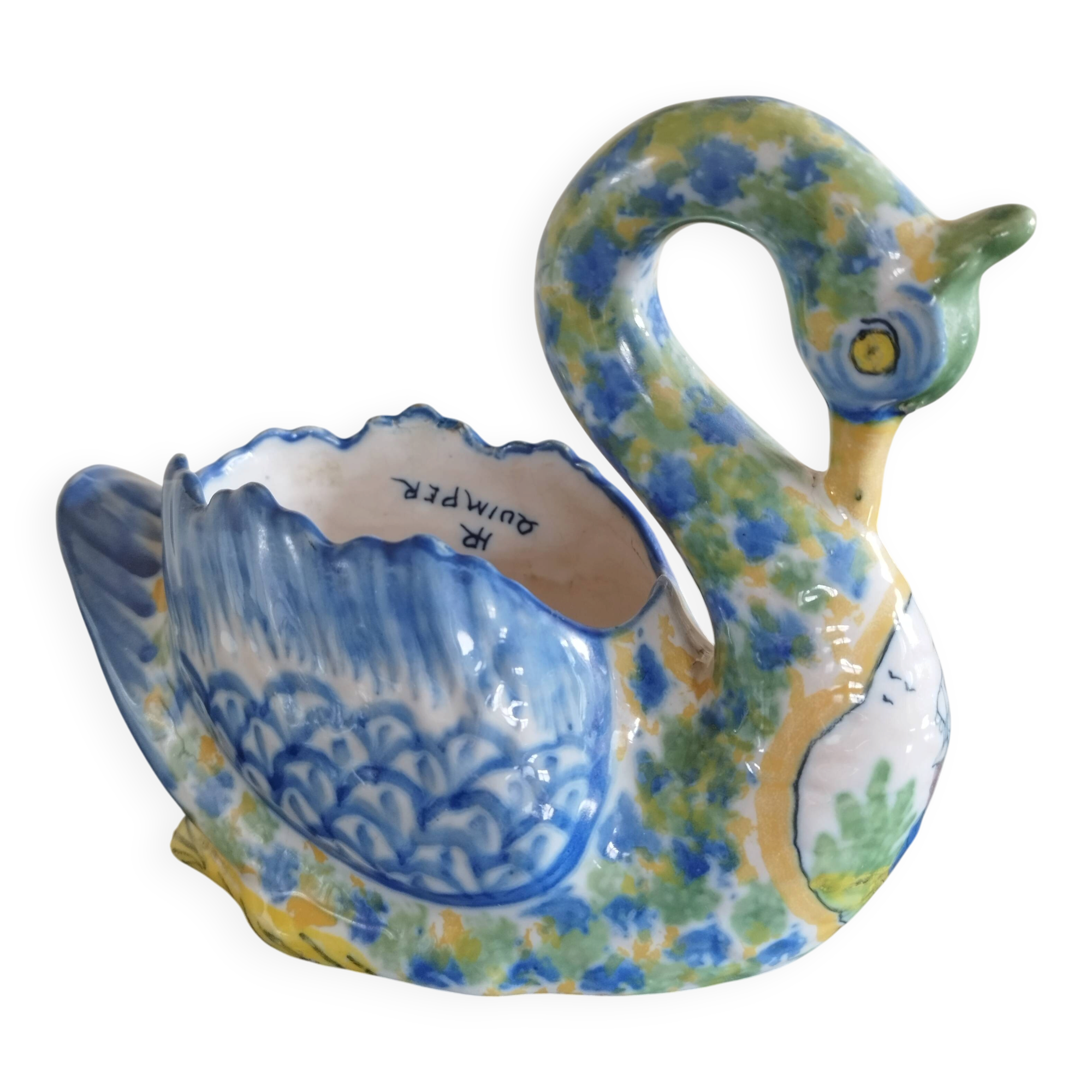 Ashtray or small planter in the shape of a swan made of Quimper earthenware.