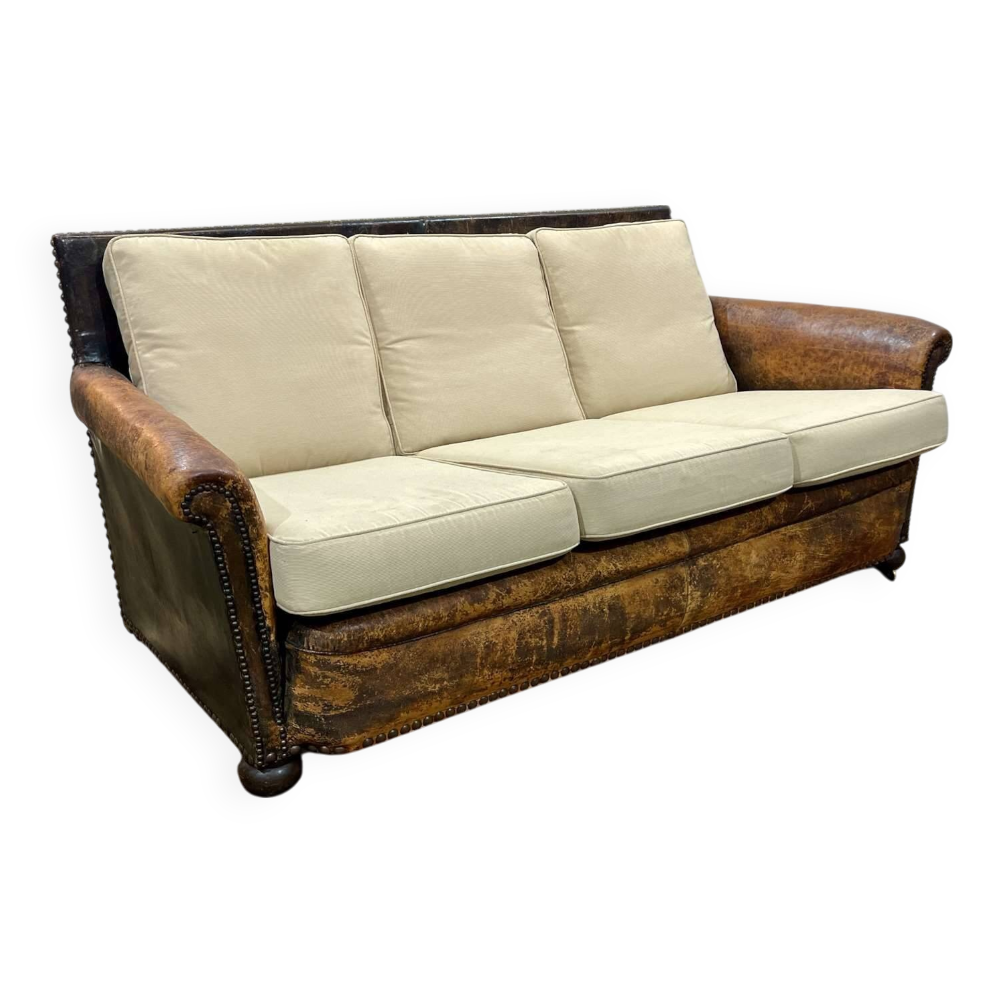 Early 20th century leather club sofa - seat and back in modern fabric