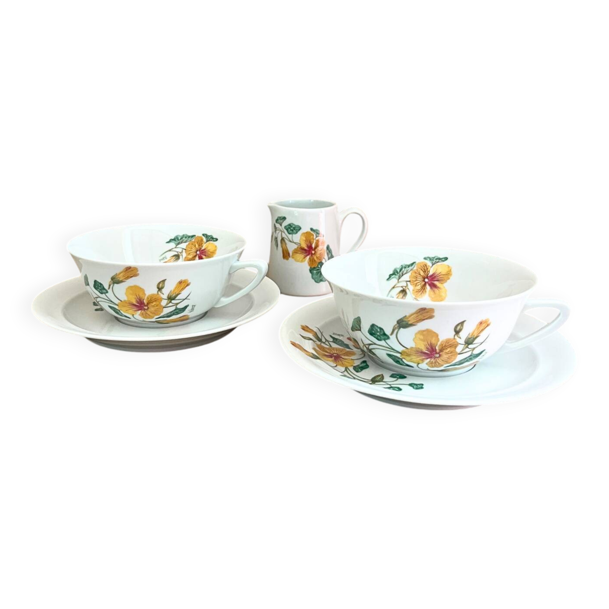 Vintage Pillivuyt Tea Set - 2 Cups, 2 Saucers & Milk Jug