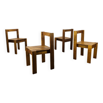 4 chaises en pin minimalistes Les Arcs, années 60