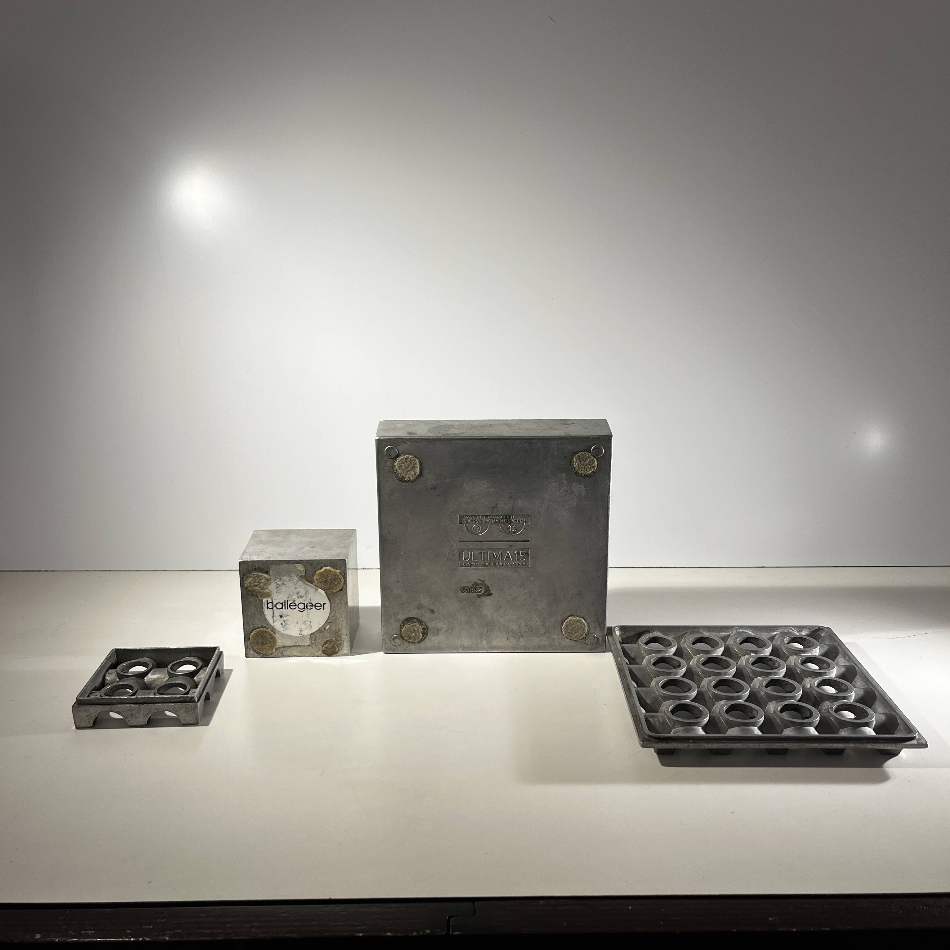 "Ultima15" set of 2 brutalist ashtrays, cast aluminum, ca 1970