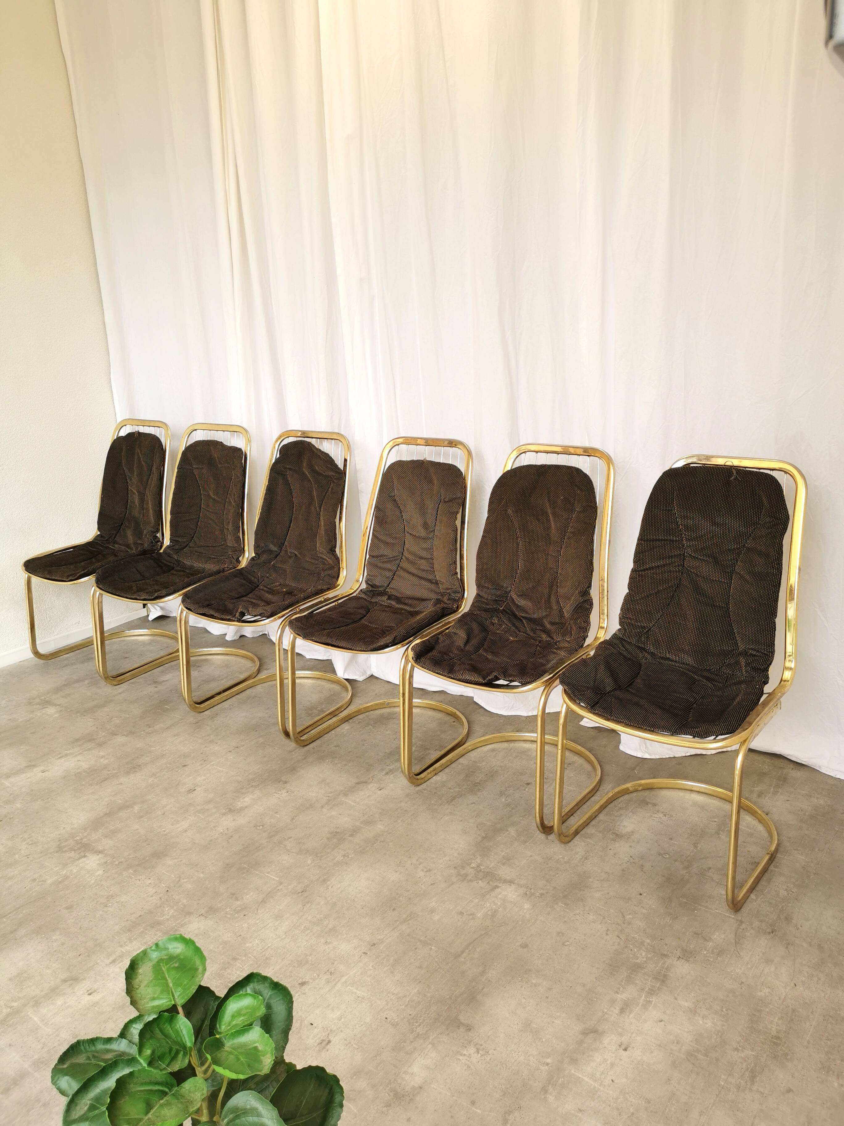 Set of 6 Vintage Gold Chrome Dining Chairs: Italian Mid-Century Design