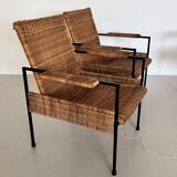 Rattan wicker and iron lounge chairs, set of 4