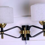 Paire d'applique double, Mid-Century, noir laiton Opaline, France 1950's