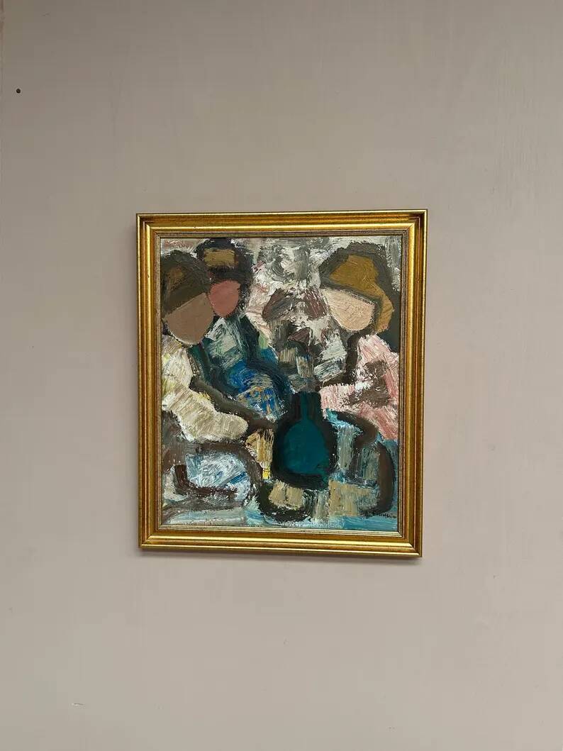 Original Swedish Oil on Canvas – "Family" by Gösta Falck – Signed – Vintage and Framed