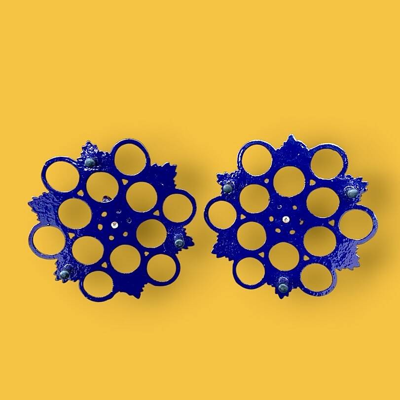 Pair of antique blue enamelled cast iron egg stands - 1960s