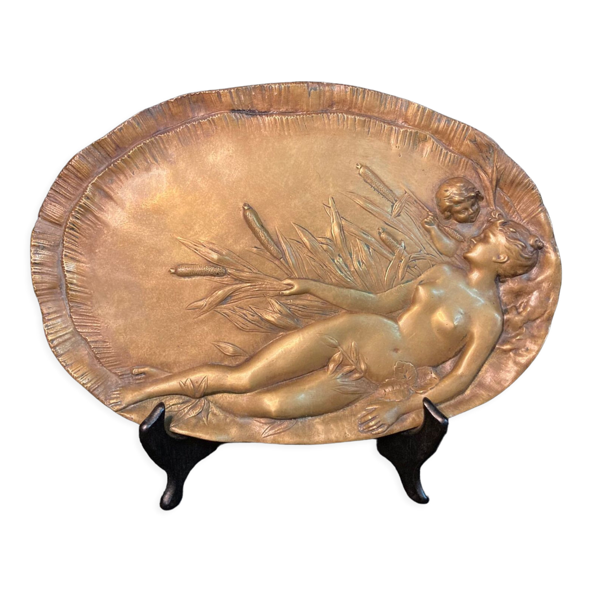 Bronze empty pocket of woman and child with reeds circa 1900