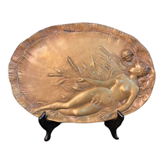 Vide poche bronze femme enfant aux roseaux vers 1900