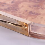 Plexiglass tray with golden handles and with a thin disk of walnut in between