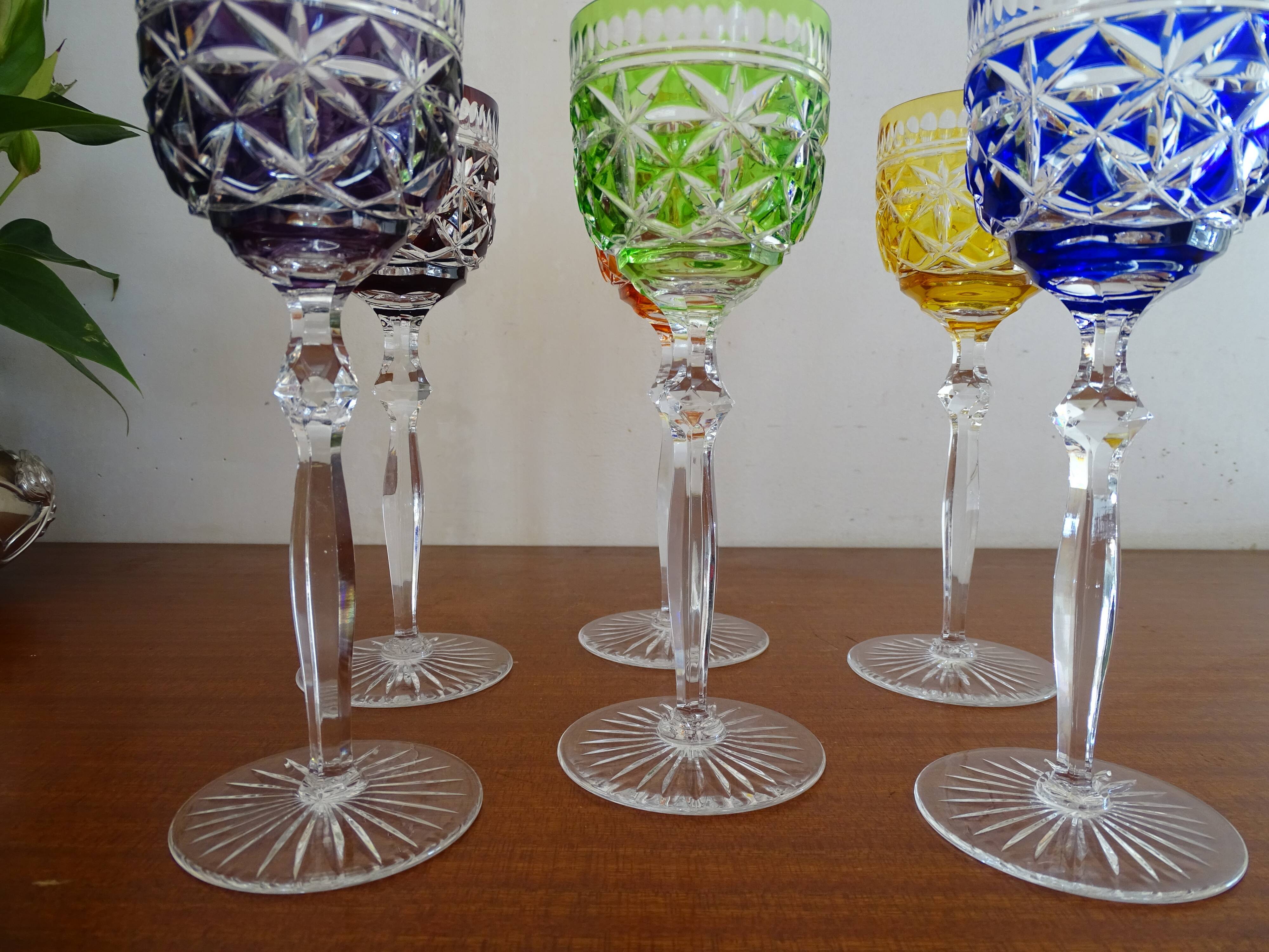 6 glasses of Bohemian crystal wine colored feet stars