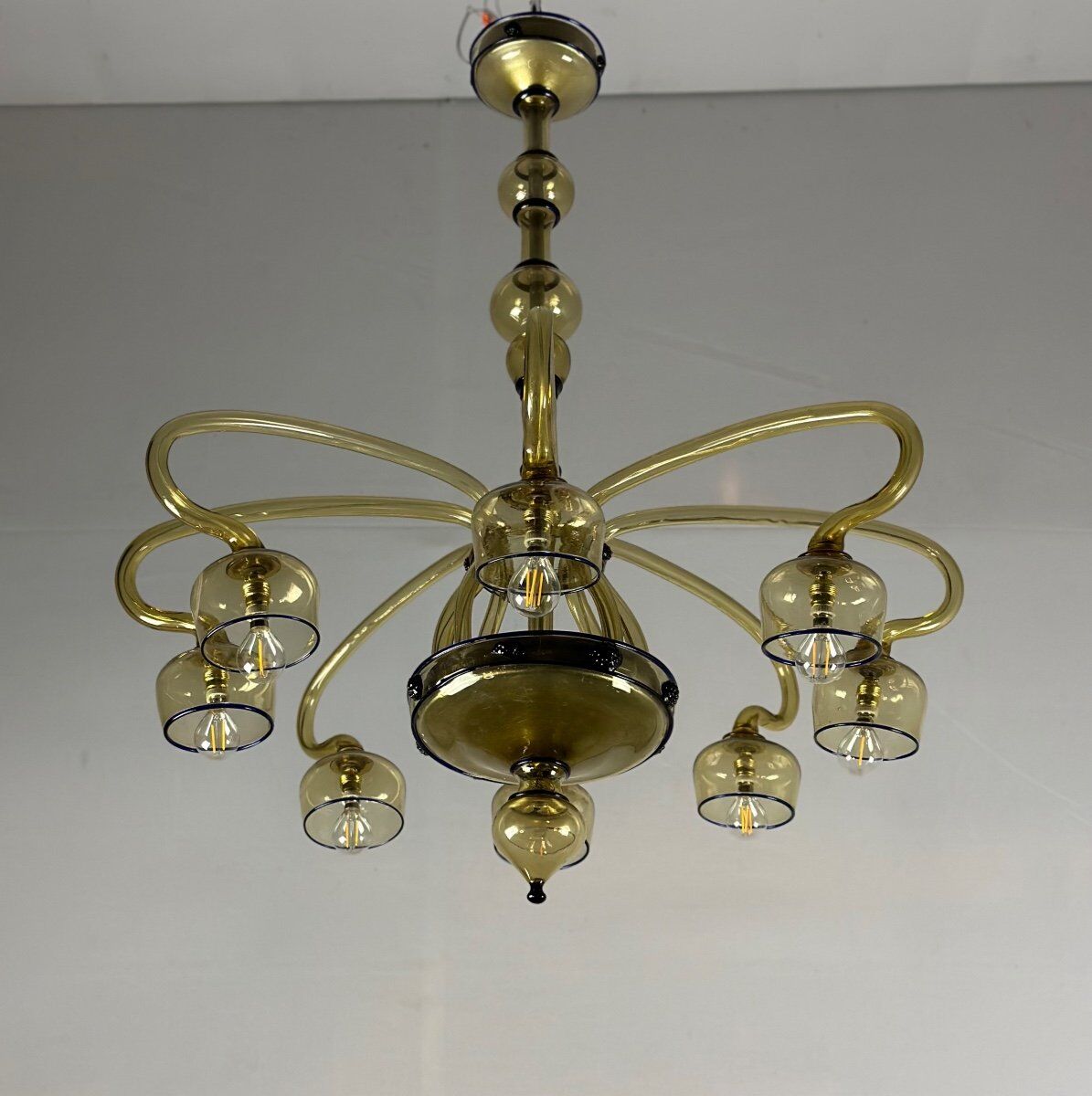 Venetian Art Nouveau chandelier in green and blue Murano glass circa 1920