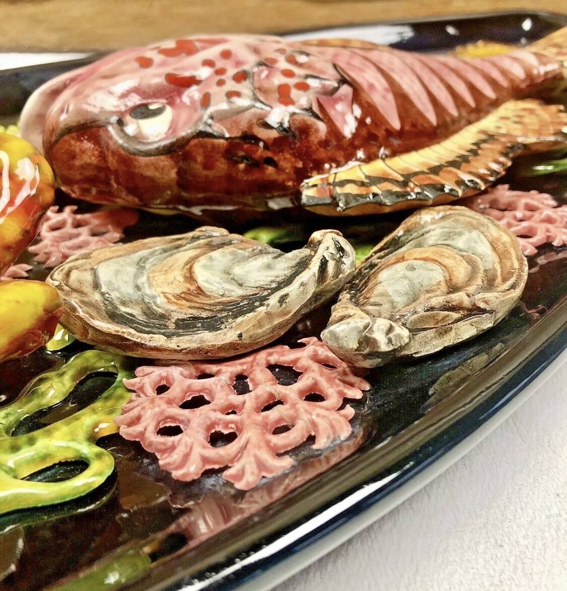 Large Vallauris slip dish 57x25 cm lobster fish