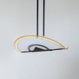 Lustre en verre de Murano vintage en verre blanc et jaune avec cadre en métal noir - Pendentif de style Memphis italien des années 1980.