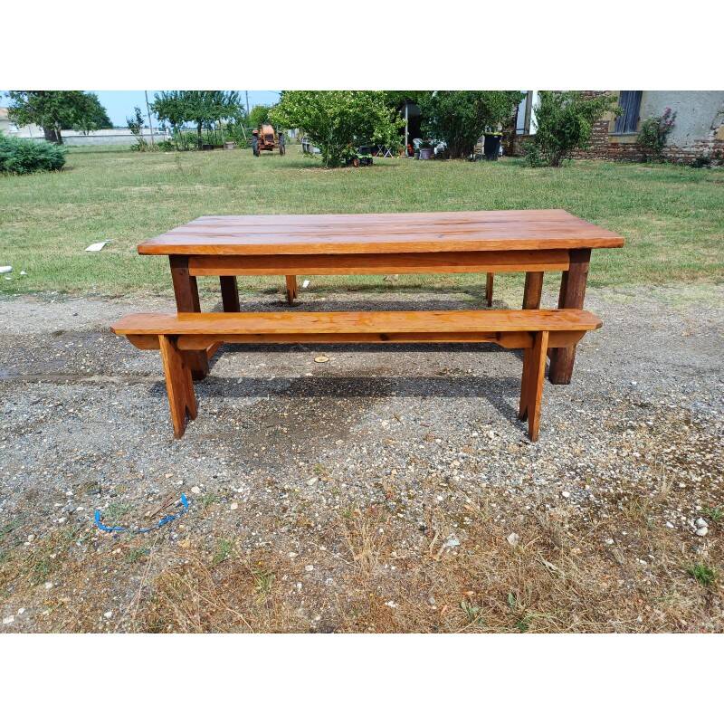 Table de ferme campagnarde en chêne et pin + 2 bancs