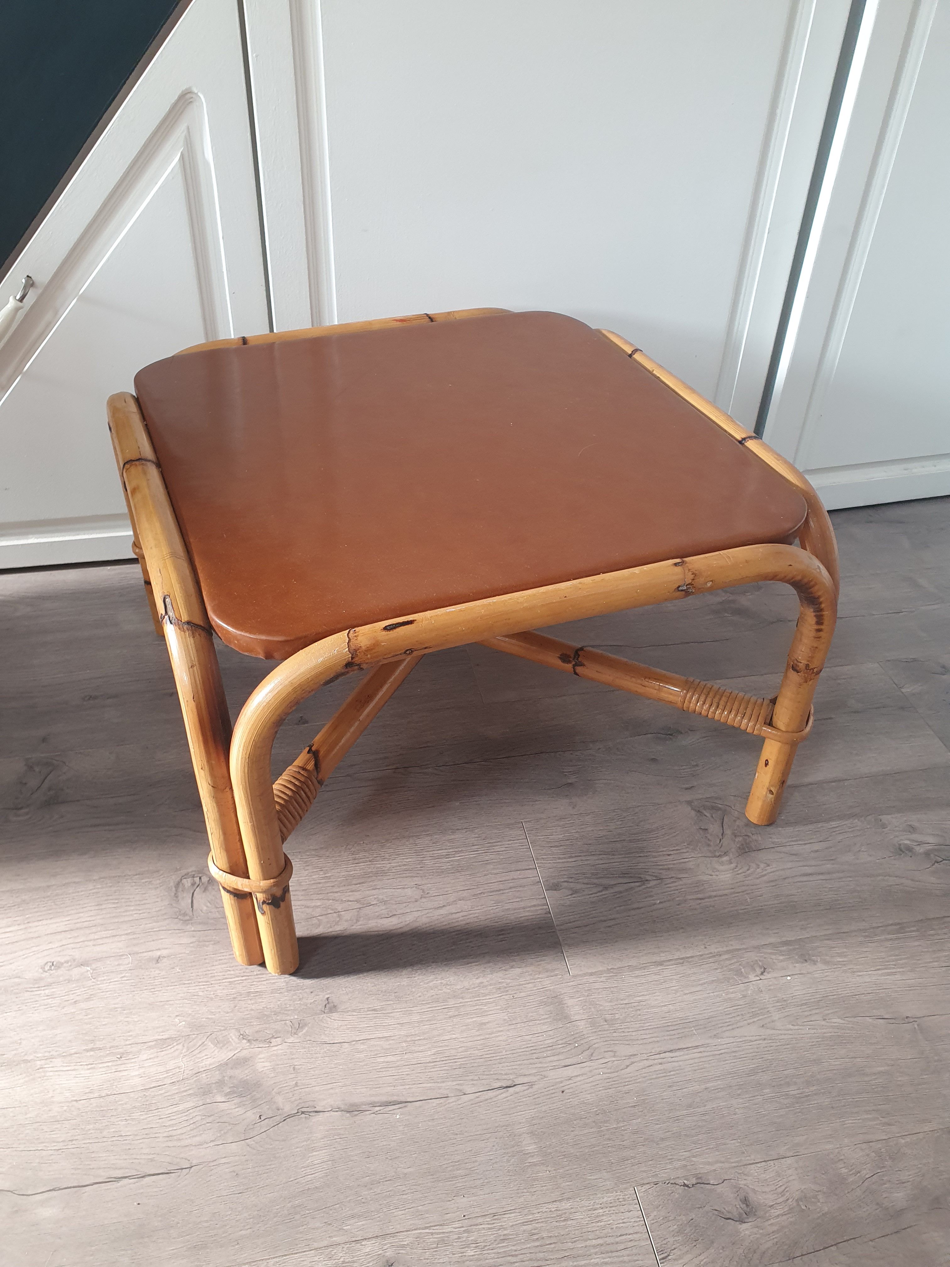 Rattan coffee table with brown leather top 63 cm side 39 cm high