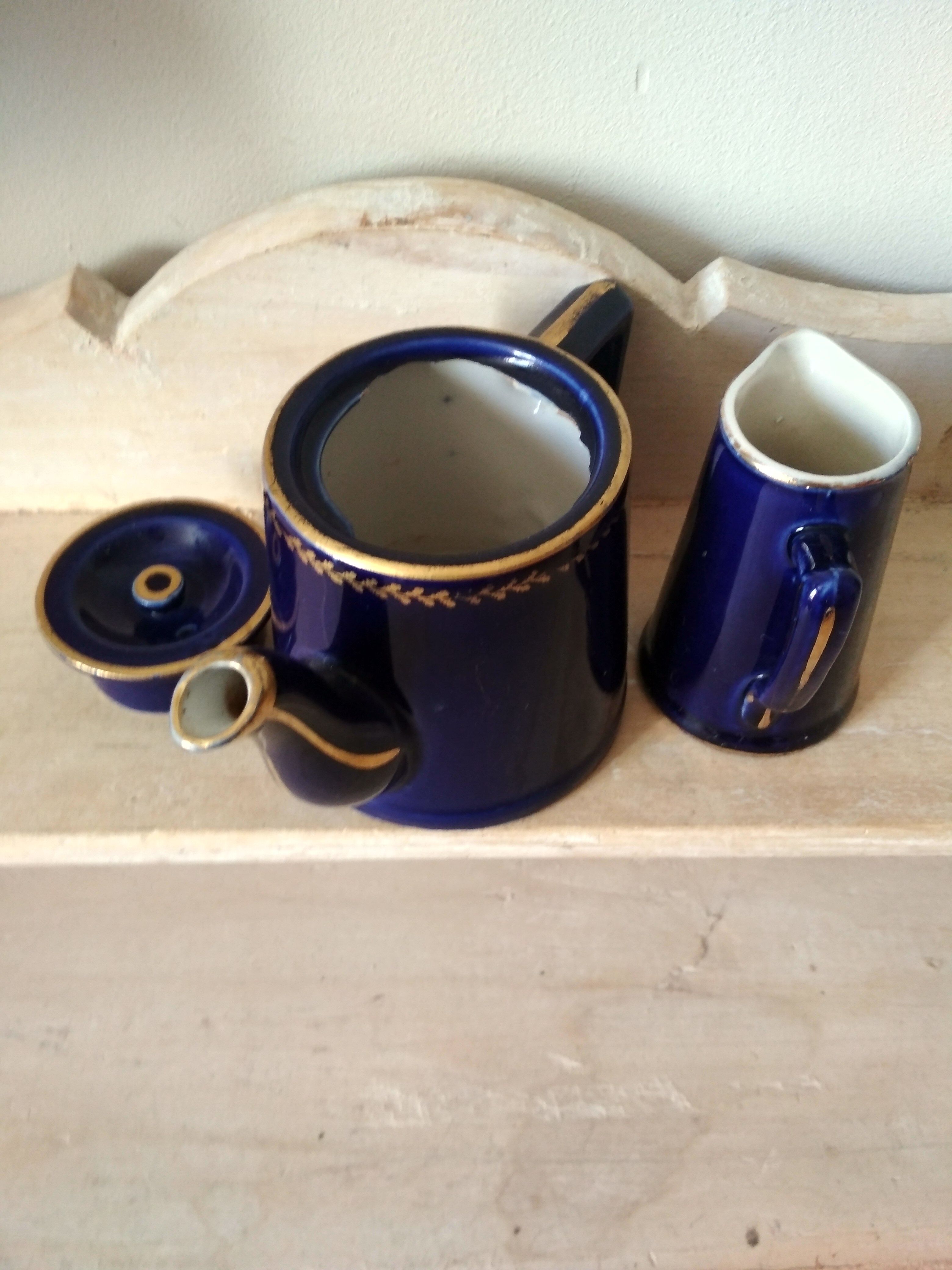 Small blue and gold teapot - milk pitcher - cobalt blue earthenware 1930