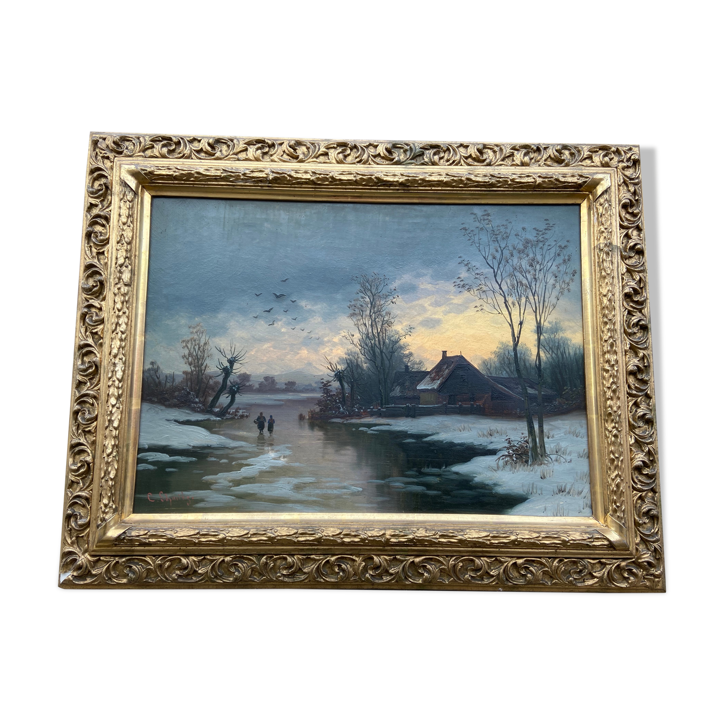 Table oil on canvas french Oil on canvas XIX Eme School of Barbizon Signed SCHMITZ