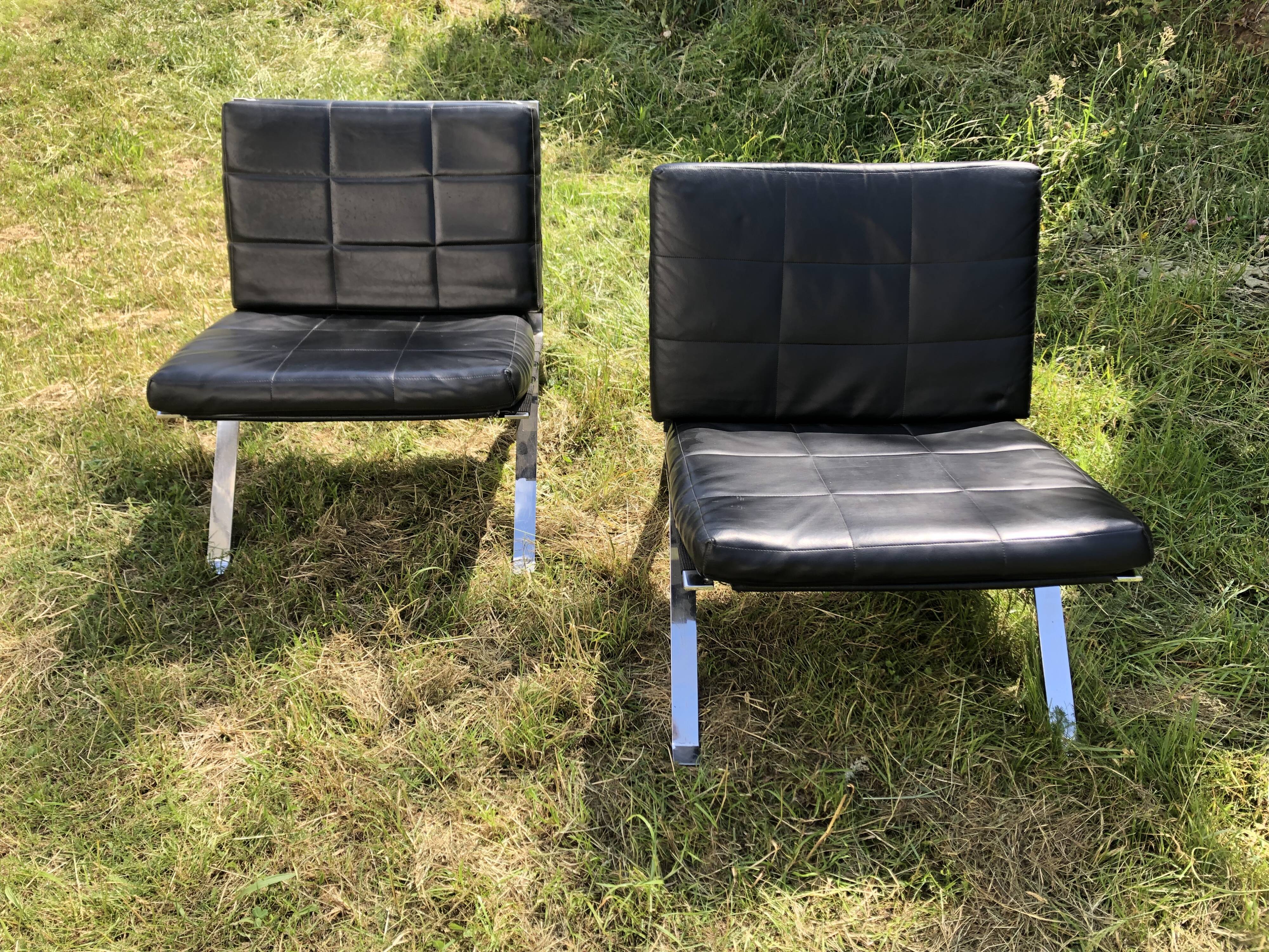 2 Lounge armchairs, Girsberger leather and chrome, 1968