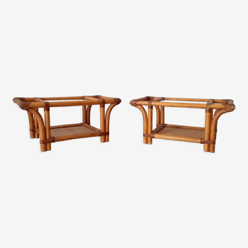 Paire de tables d'appoints vintage bambou rotin et verre fumé années 70