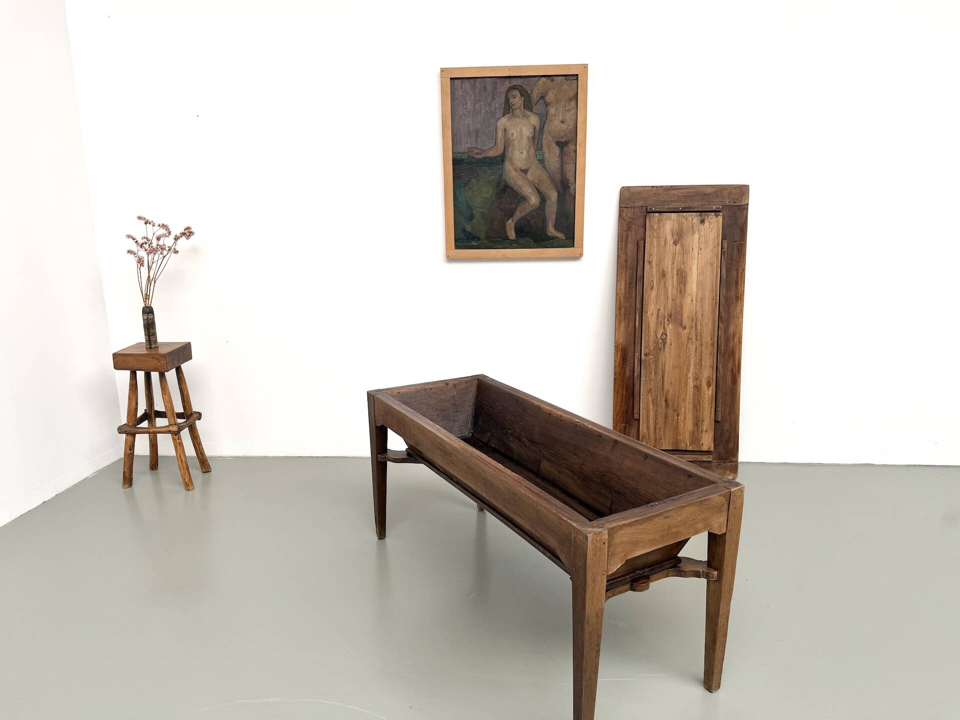 Farm table, old solid oak dough trough, France, around 1920.