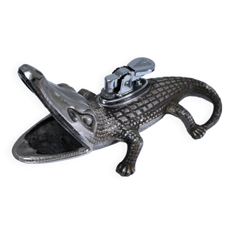 Vintage silver metal crocodile alligator lighter ashtray