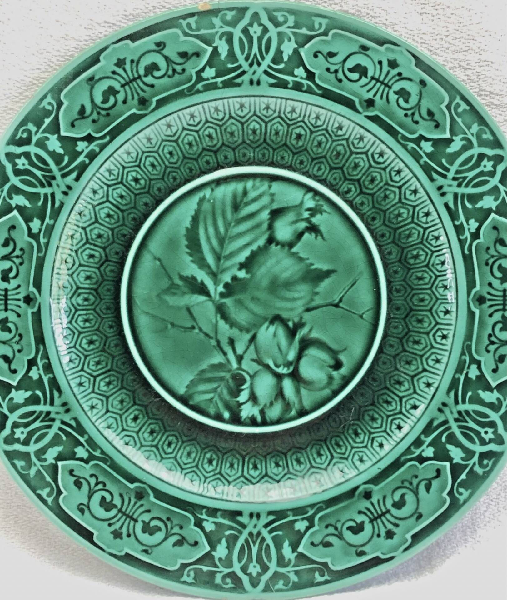 3 fruit plates Sarreguemines majolica shaded enamel Rubelles