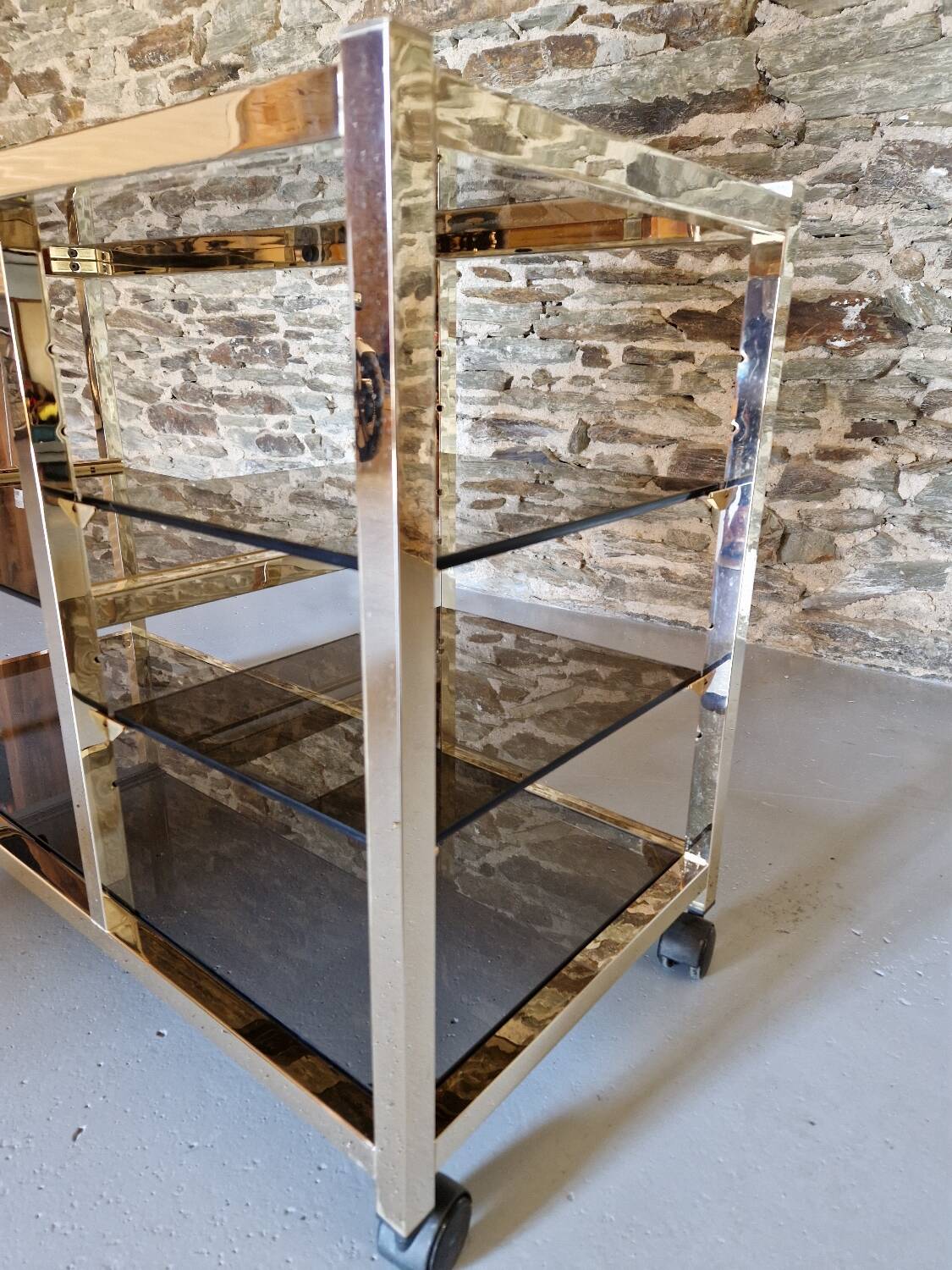 70s glass TV cabinet shelf console