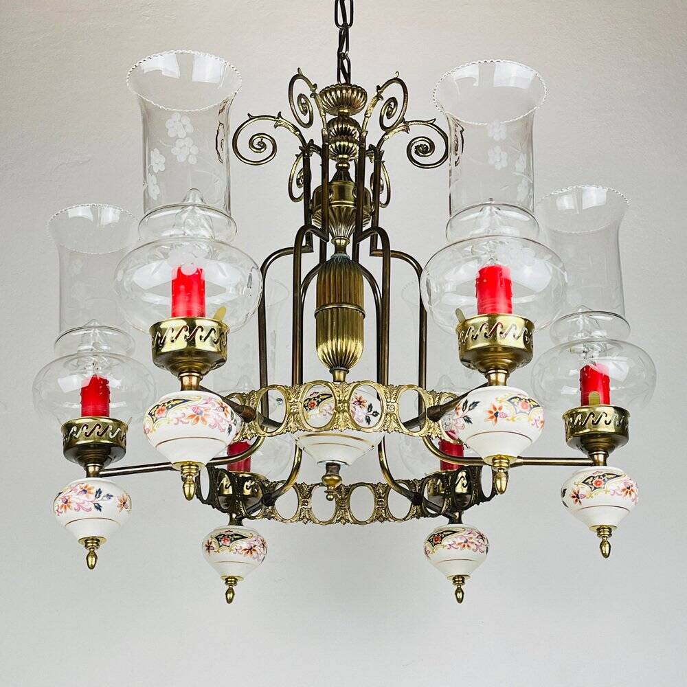 Vintage porcelain and brass chandelier, Italy, 1930s