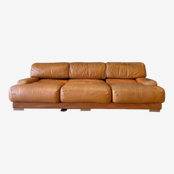 Vintage 3-seater sofa Gérard Guermonprez fawn and stainless steel leather, France 1970