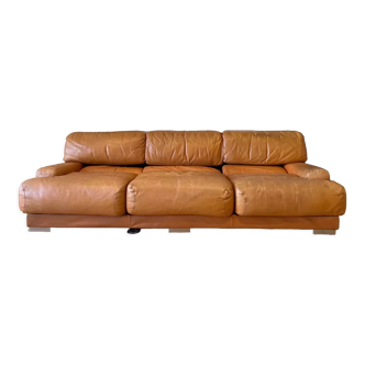 Vintage 3-seater sofa Gérard Guermonprez fawn and stainless steel leather, France 1970