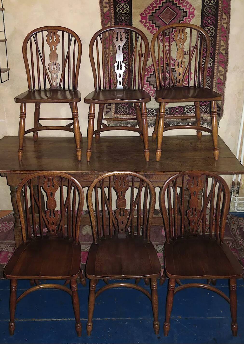 Mid century set of 6 solid oak lyre-back Windsor chairs, 1960s