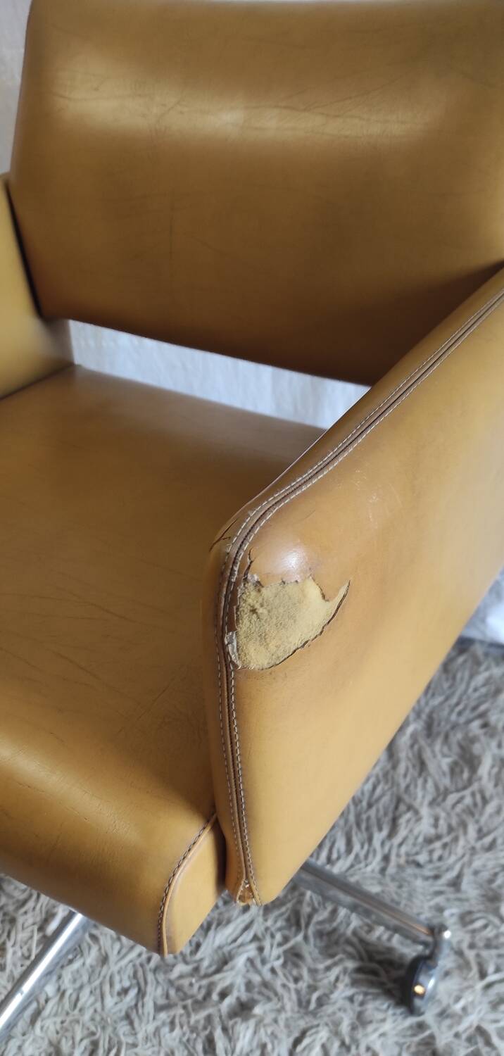Modernist office armchair in yellow faux leather - 1950s