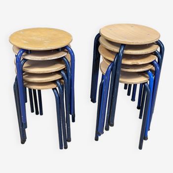 Set of 10 blue steel wood school stools