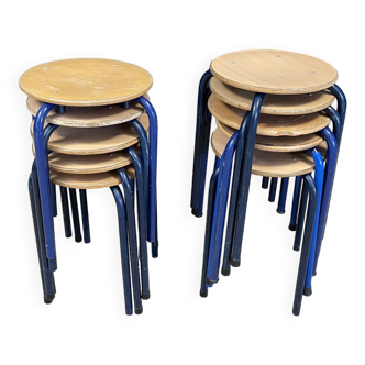 Lot de 10 tabourets d'école bois acier bleu