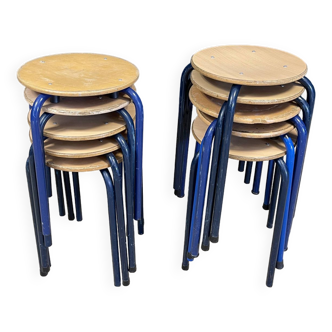 Set of 10 blue steel wood school stools
