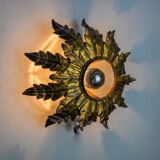 Sun wall lamp by ferro arte, metal and gold leaf, Spain, 1960