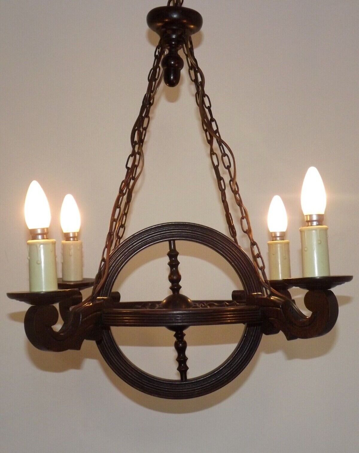 French vintage rustic 4 light wheel chandelier hand