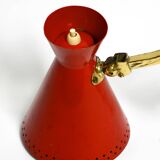 1950s brass extendable scissor wall lamp with aluminum diabolo shade in red