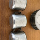 6 cups and sub-cups in pewter motifs birds and flowers and Chinese inscription