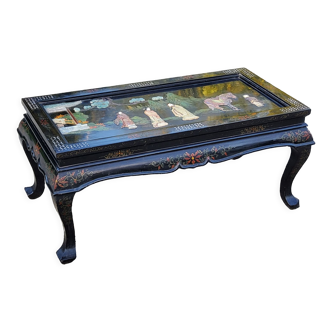 Chinese coffee table lacquer hard stones and mother-of-pearl folding feet mid-twentieth century