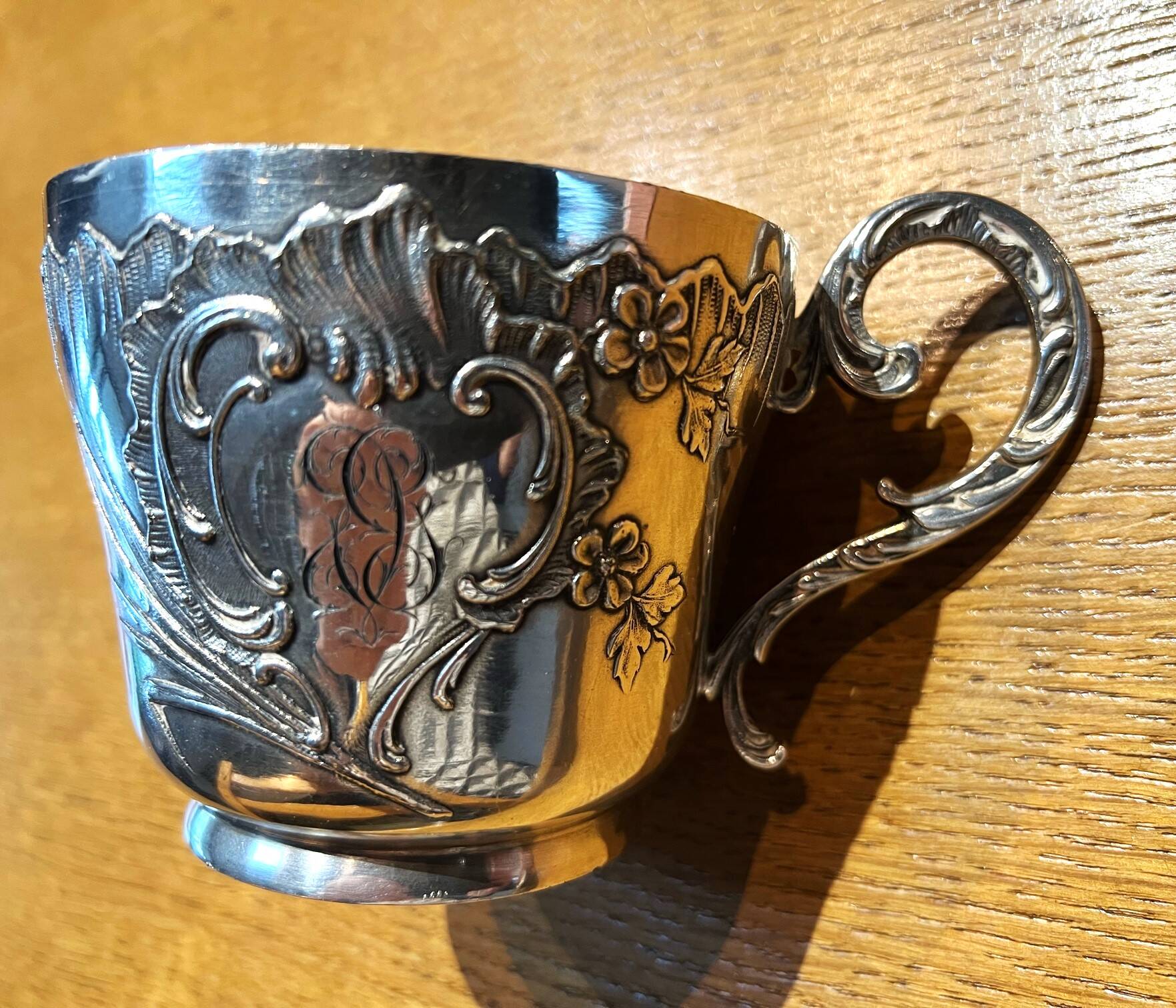 Large silver-plated metal cup Gallia with rooster and goat head hallmarks, numbered.