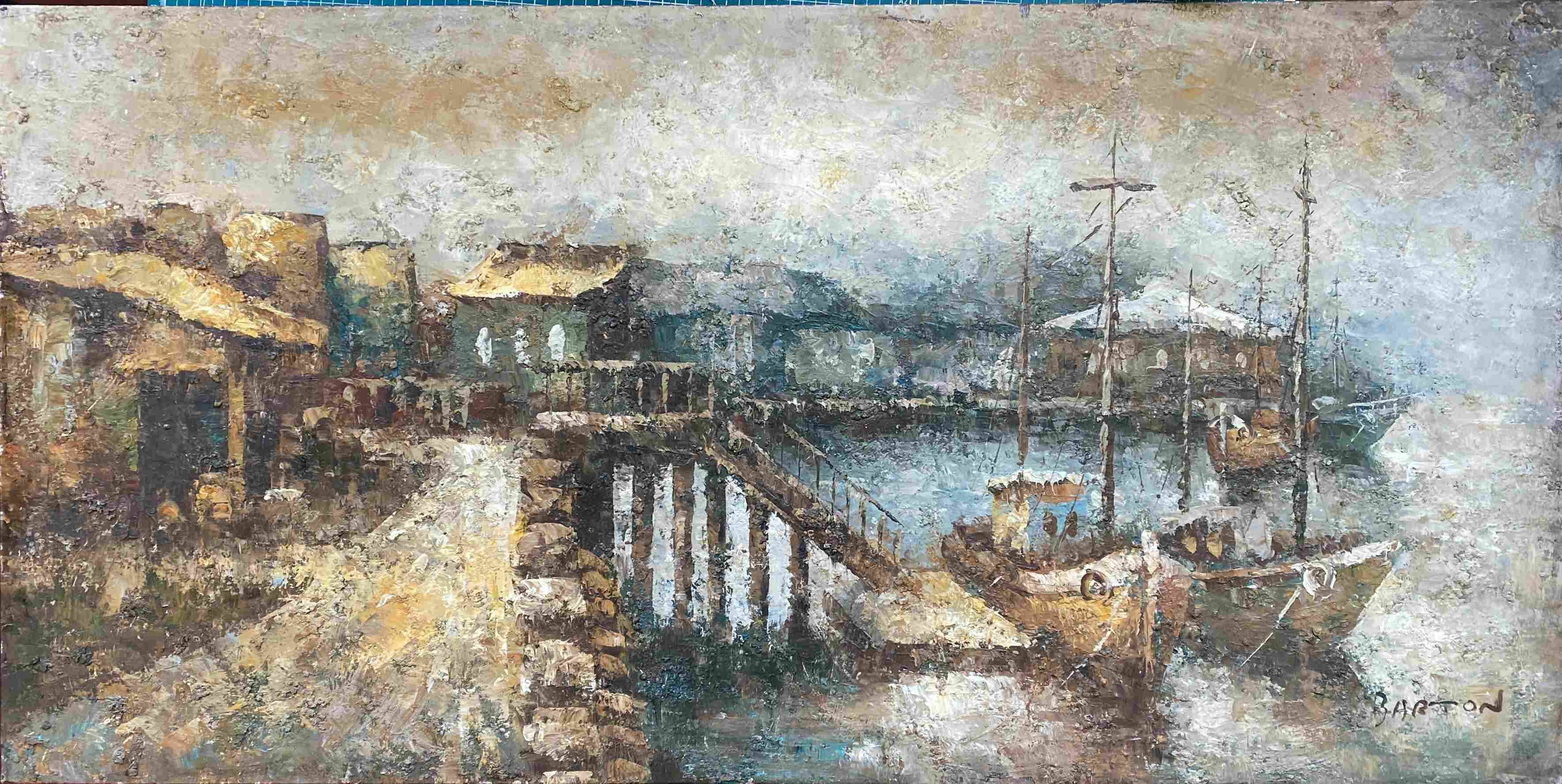 HST painting "Navy and boats at the dock" Edward Barton (1936-2012) ec. USA