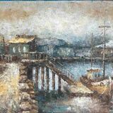 HST painting "Navy and boats at the dock" Edward Barton (1936-2012) ec. USA