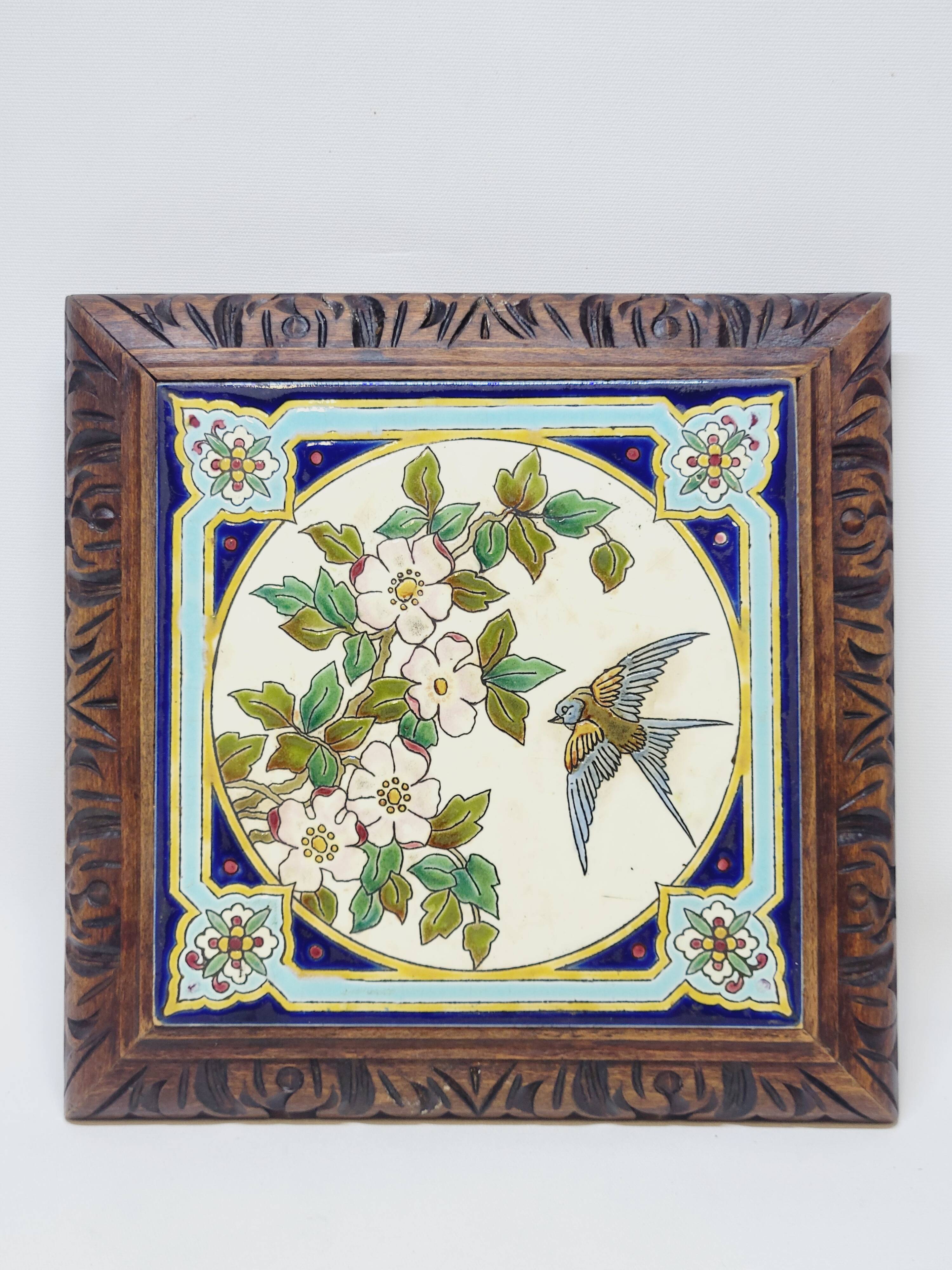 Longwy Trivet with Doorbell, Glazed Earthenware Tile and Wooden Frame