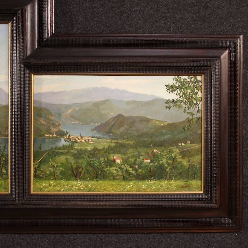 Triptyque de peintures vue du lac de Lugano, 20e siècle